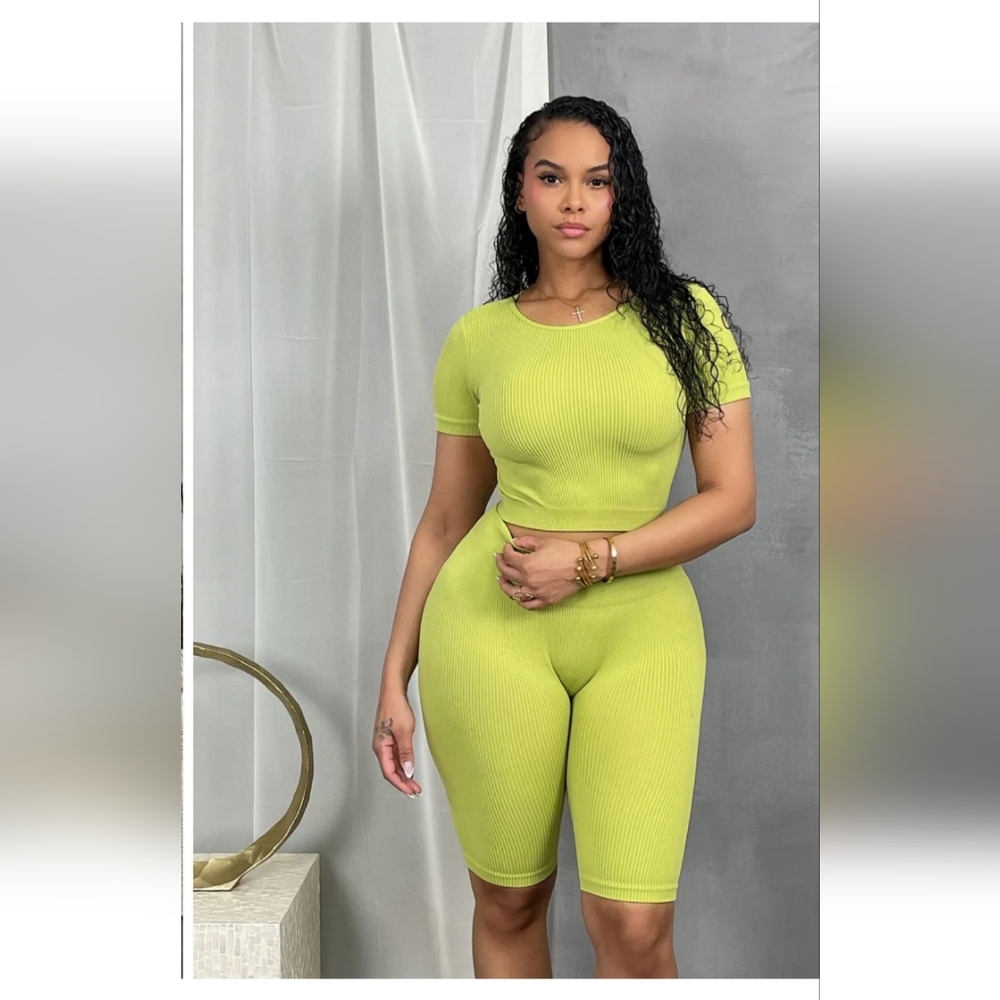 Lime Green Ribbed Short Sleeve Jumpsuit
